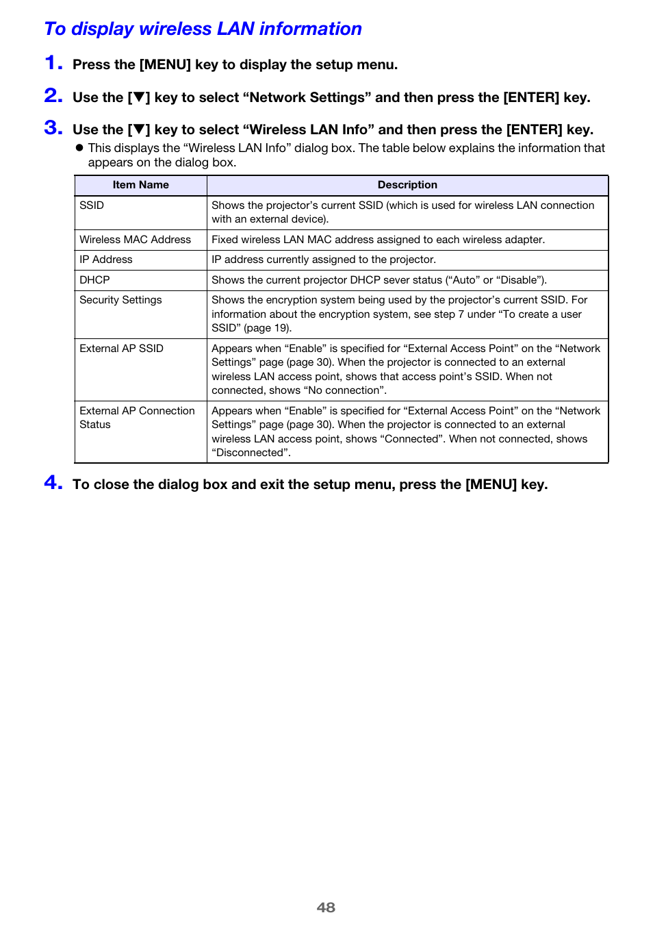 To display wireless lan information | Casio XJ-UT310WN Network Function Guide User Manual | Page 48 / 79