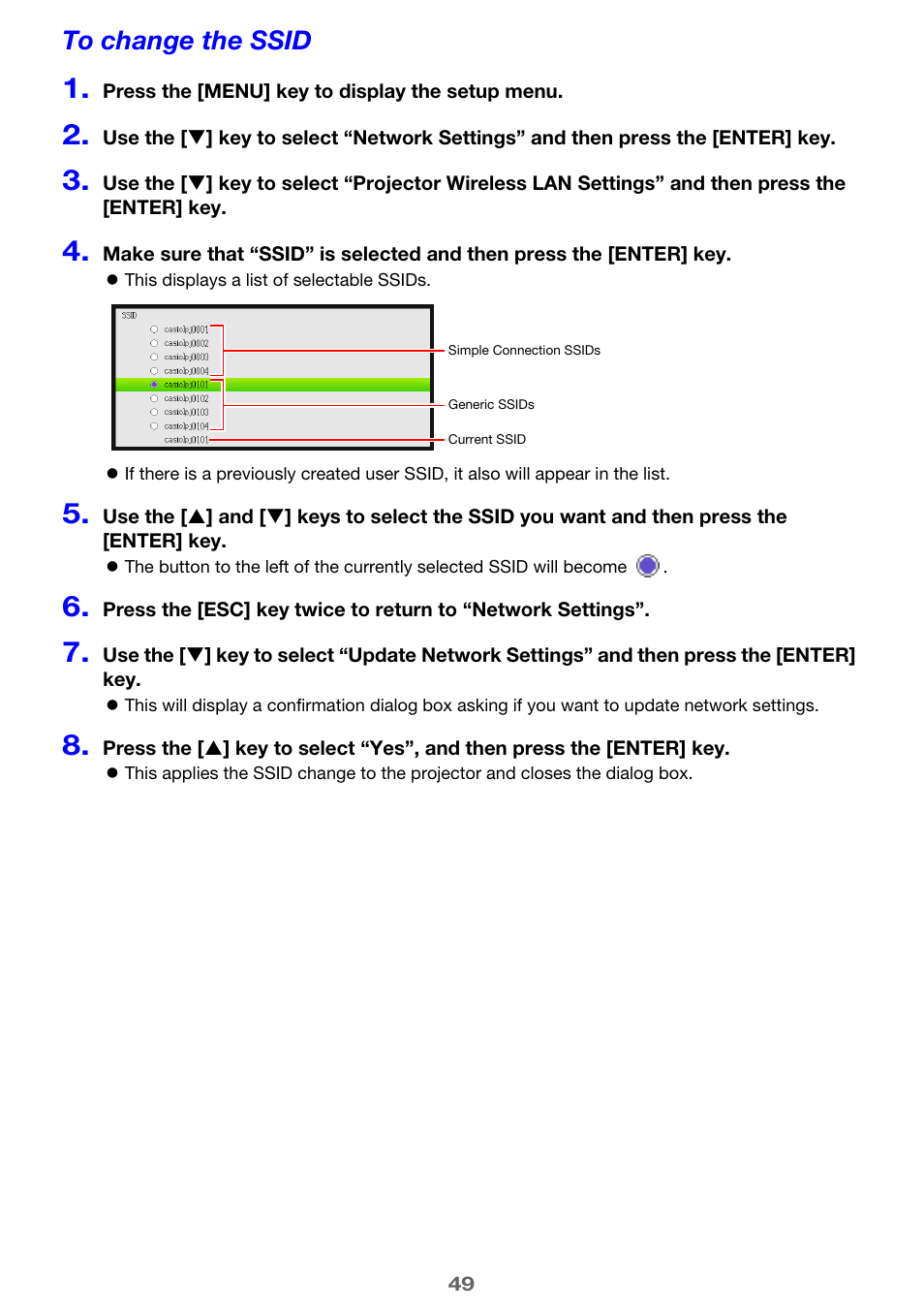 To change the ssid | Casio XJ-UT310WN Network Function Guide User Manual | Page 49 / 79