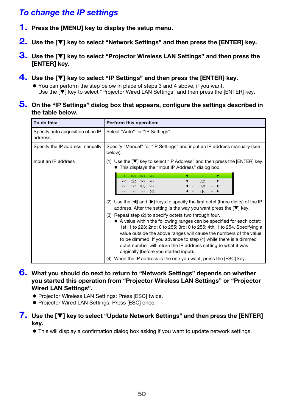 To change the ip settings, E 50) | Casio XJ-UT310WN Network Function Guide User Manual | Page 50 / 79