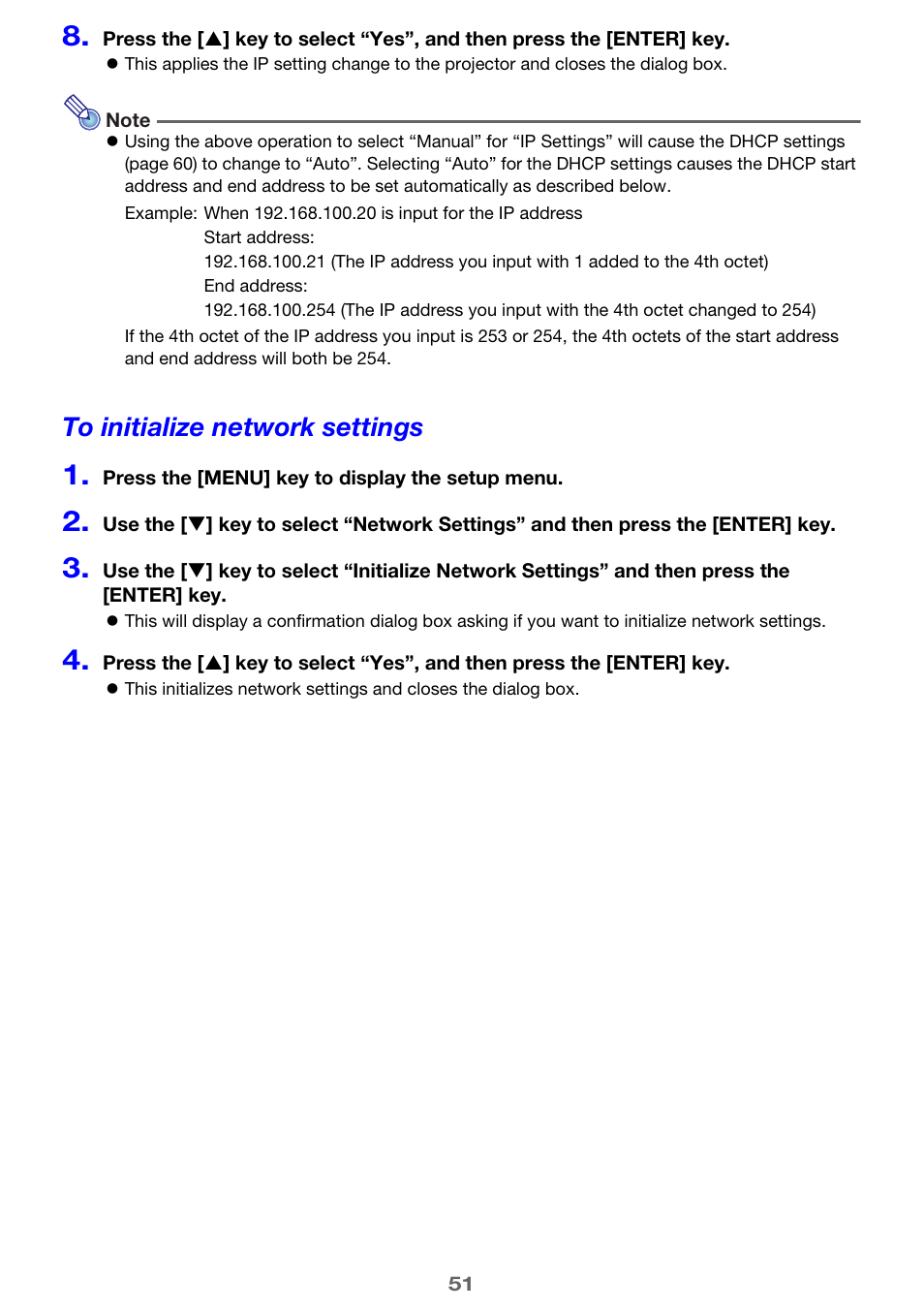 To initialize network settings, To initialize network settings” (pa | Casio XJ-UT310WN Network Function Guide User Manual | Page 51 / 79