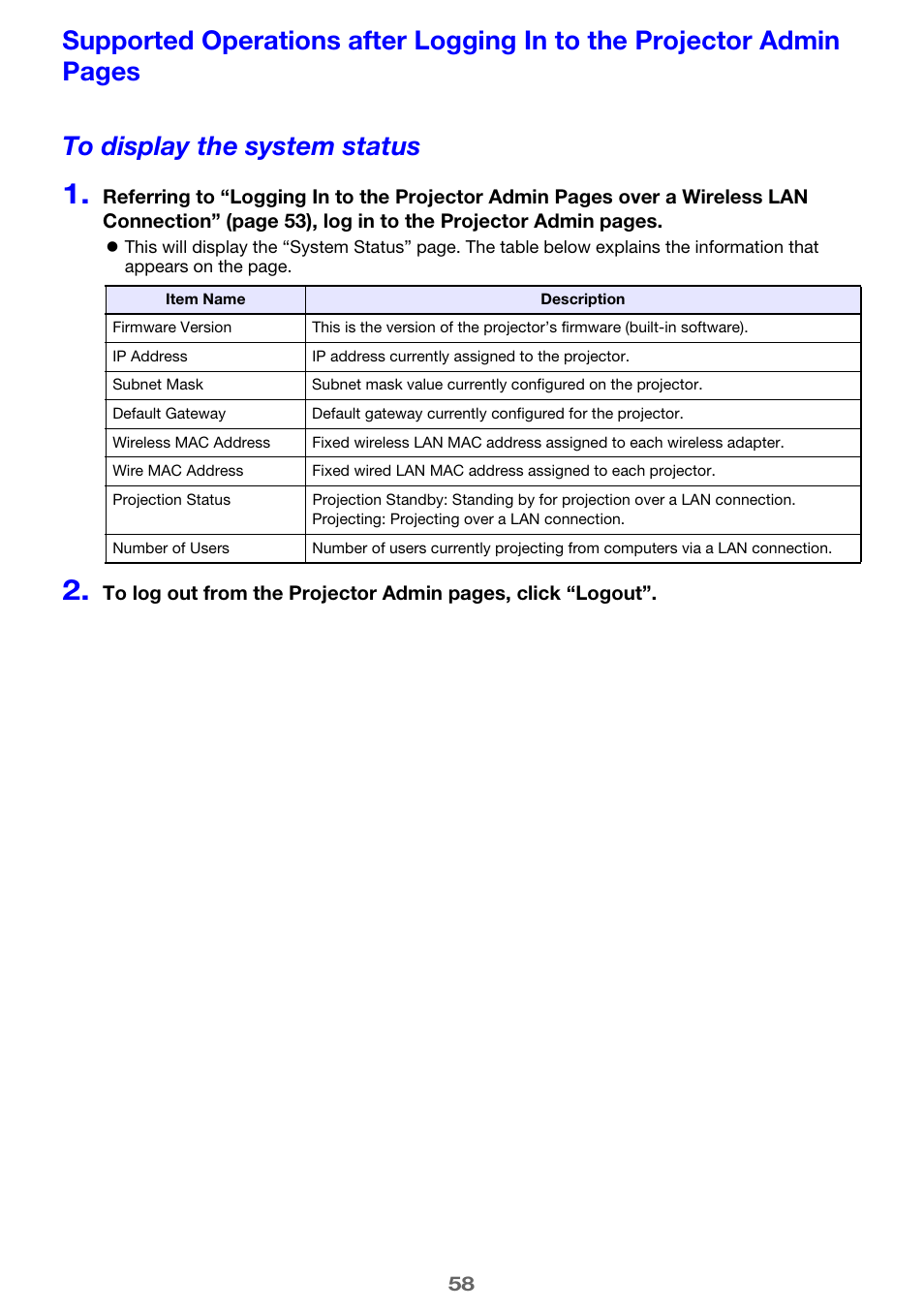 To display the system status, E 58) | Casio XJ-UT310WN Network Function Guide User Manual | Page 58 / 79