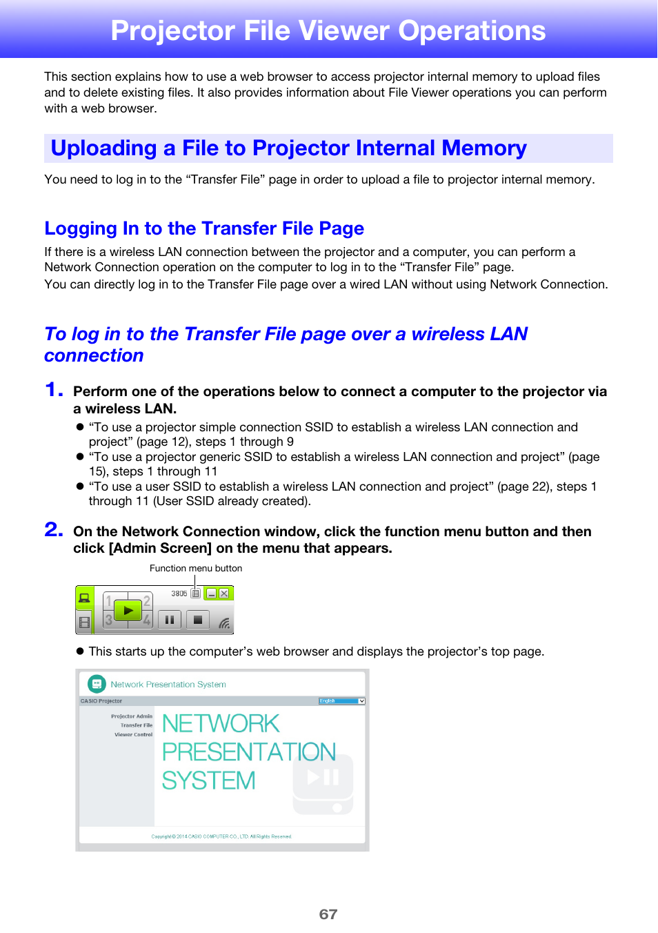 Projector file viewer operations, Uploading a file to projector internal memory, Logging in to the transfer file page | Casio XJ-UT310WN Network Function Guide User Manual | Page 67 / 79