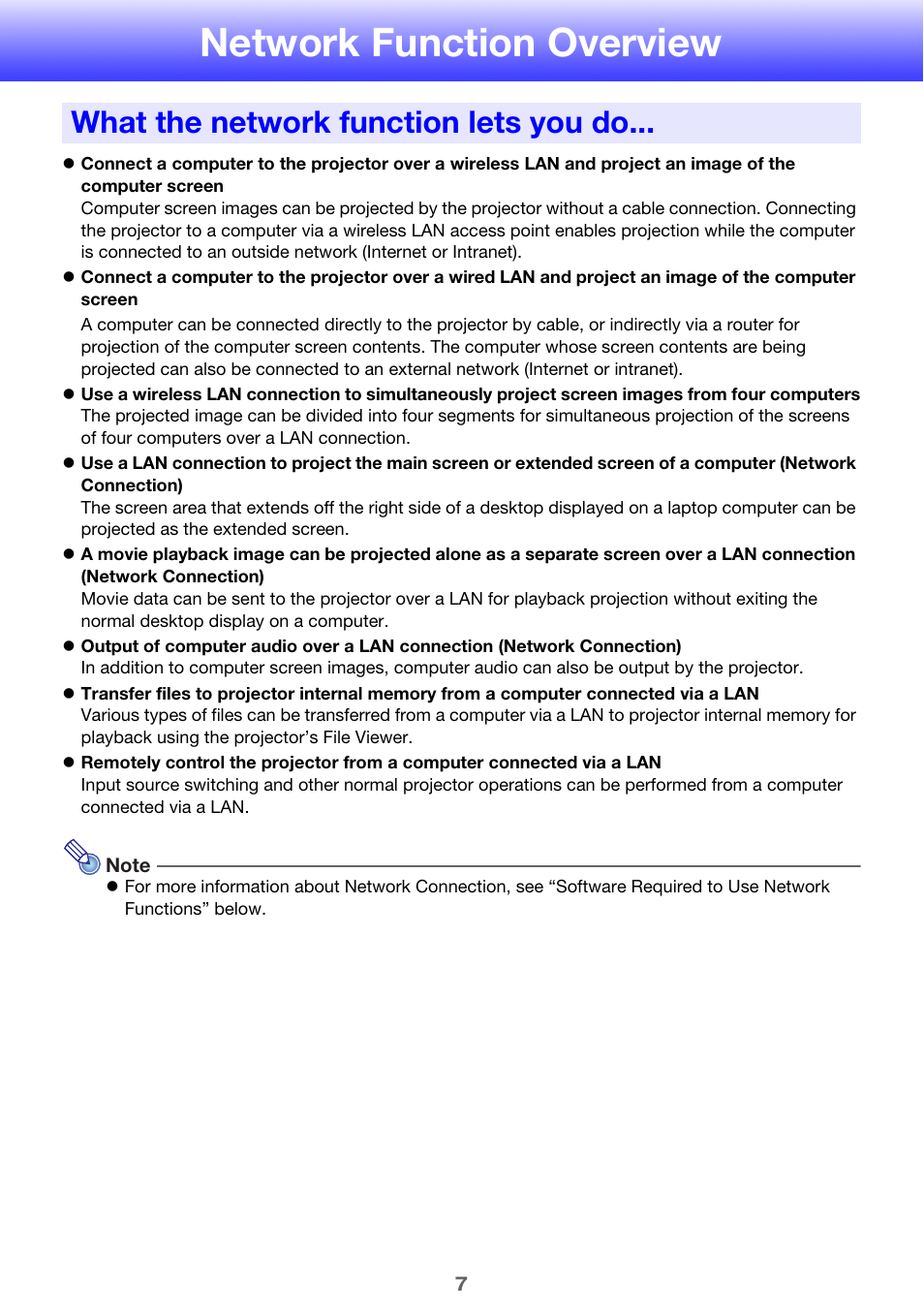 Network function overview, What the network function lets you do | Casio XJ-UT310WN Network Function Guide User Manual | Page 7 / 79