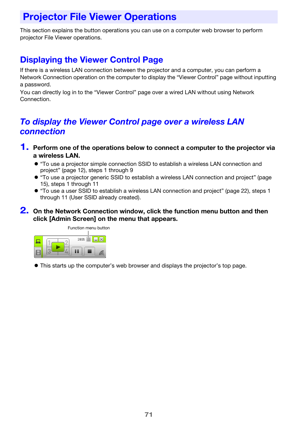 Projector file viewer operations, Displaying the viewer control page | Casio XJ-UT310WN Network Function Guide User Manual | Page 71 / 79