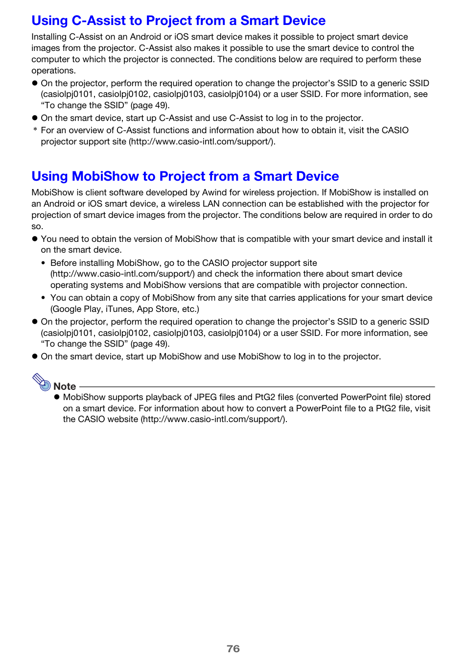 Using c-assist to project from a smart device, Using mobishow to project from a smart device, E 76) i | Casio XJ-UT310WN Network Function Guide User Manual | Page 76 / 79