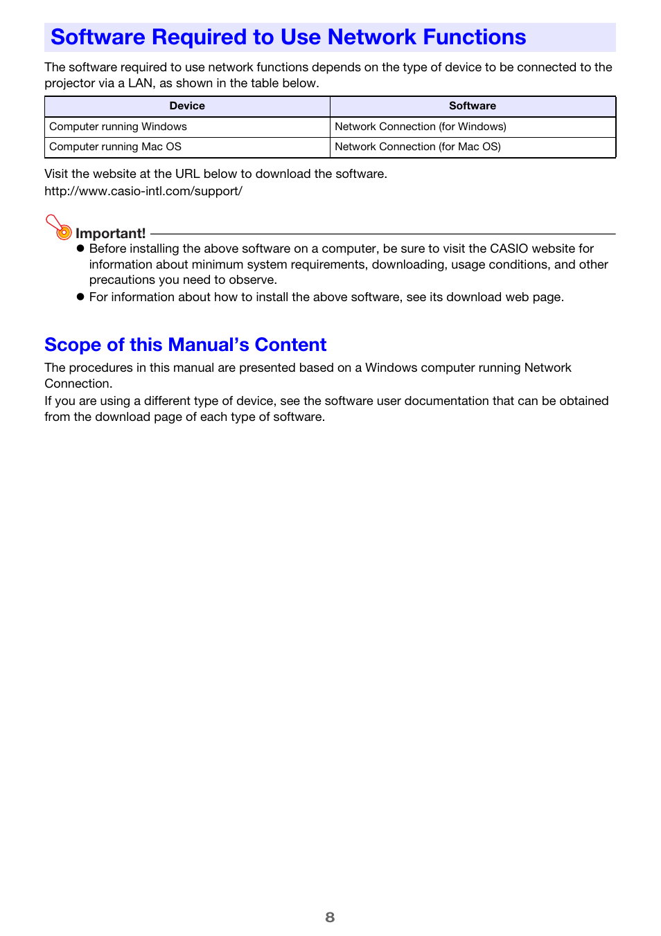 Software required to use network functions, Scope of this manual’s content | Casio XJ-UT310WN Network Function Guide User Manual | Page 8 / 79