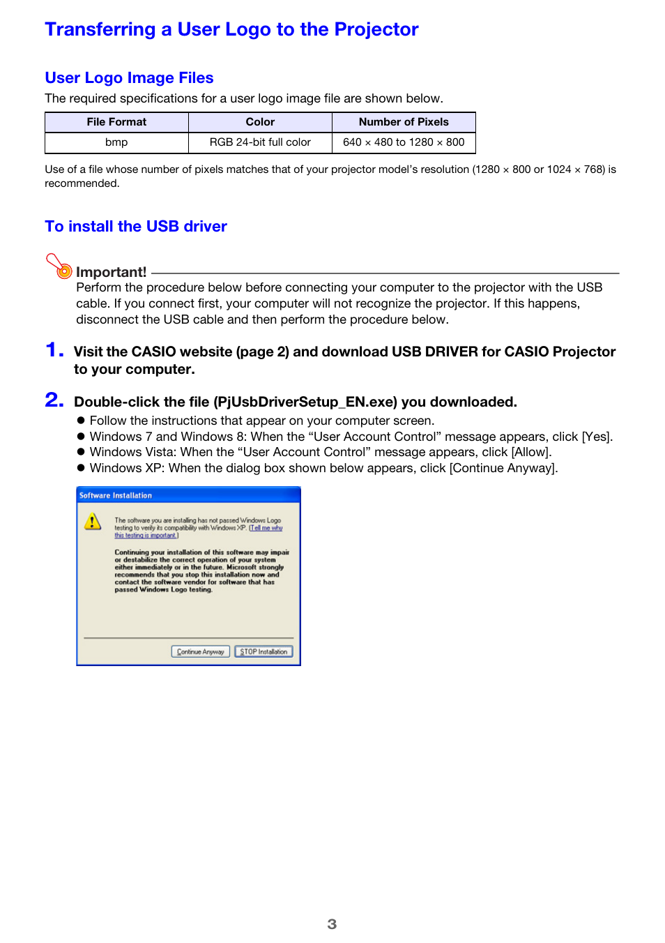 Transferring a user logo to the projector | Casio Logo Transfer User Manual | Page 3 / 6