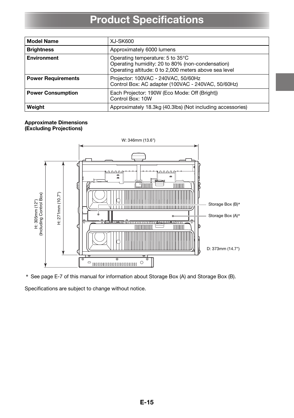 Product specifications, E-15 | Casio XJ-SK600 User Manual | Page 16 / 19