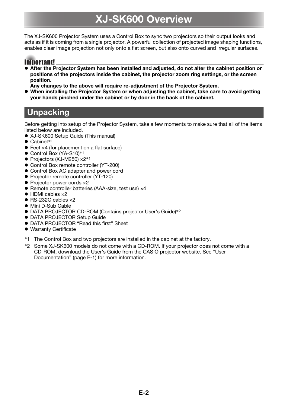 Xj-sk600 overview, Unpacking | Casio XJ-SK600 User Manual | Page 3 / 19