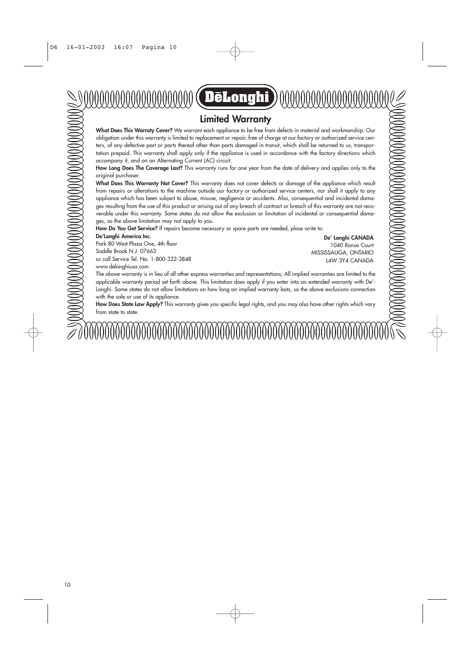 Limited warranty | DeLonghi Electric Deep Fryer User Manual | Page 10 / 31