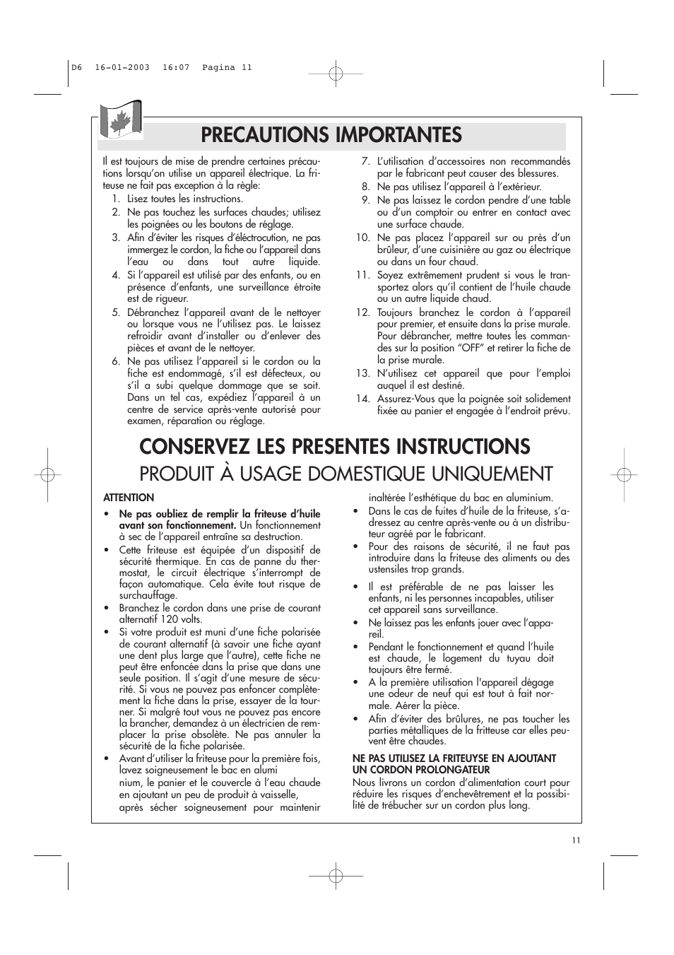 Produit à usage domestique uniquement | DeLonghi Electric Deep Fryer User Manual | Page 11 / 31