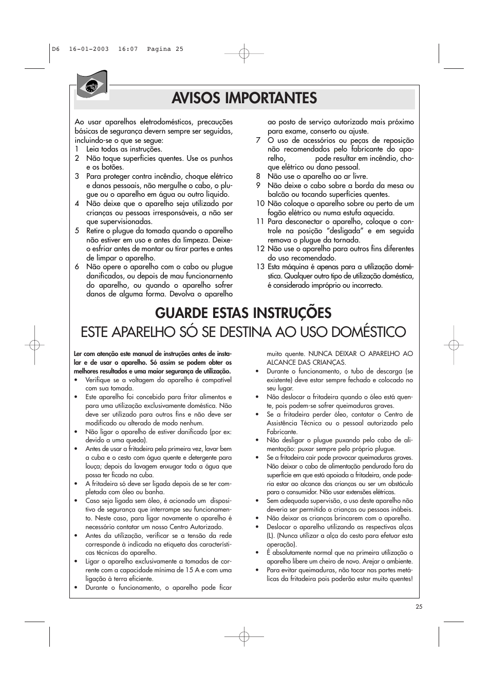 Avisos importantes | DeLonghi Electric Deep Fryer User Manual | Page 25 / 31
