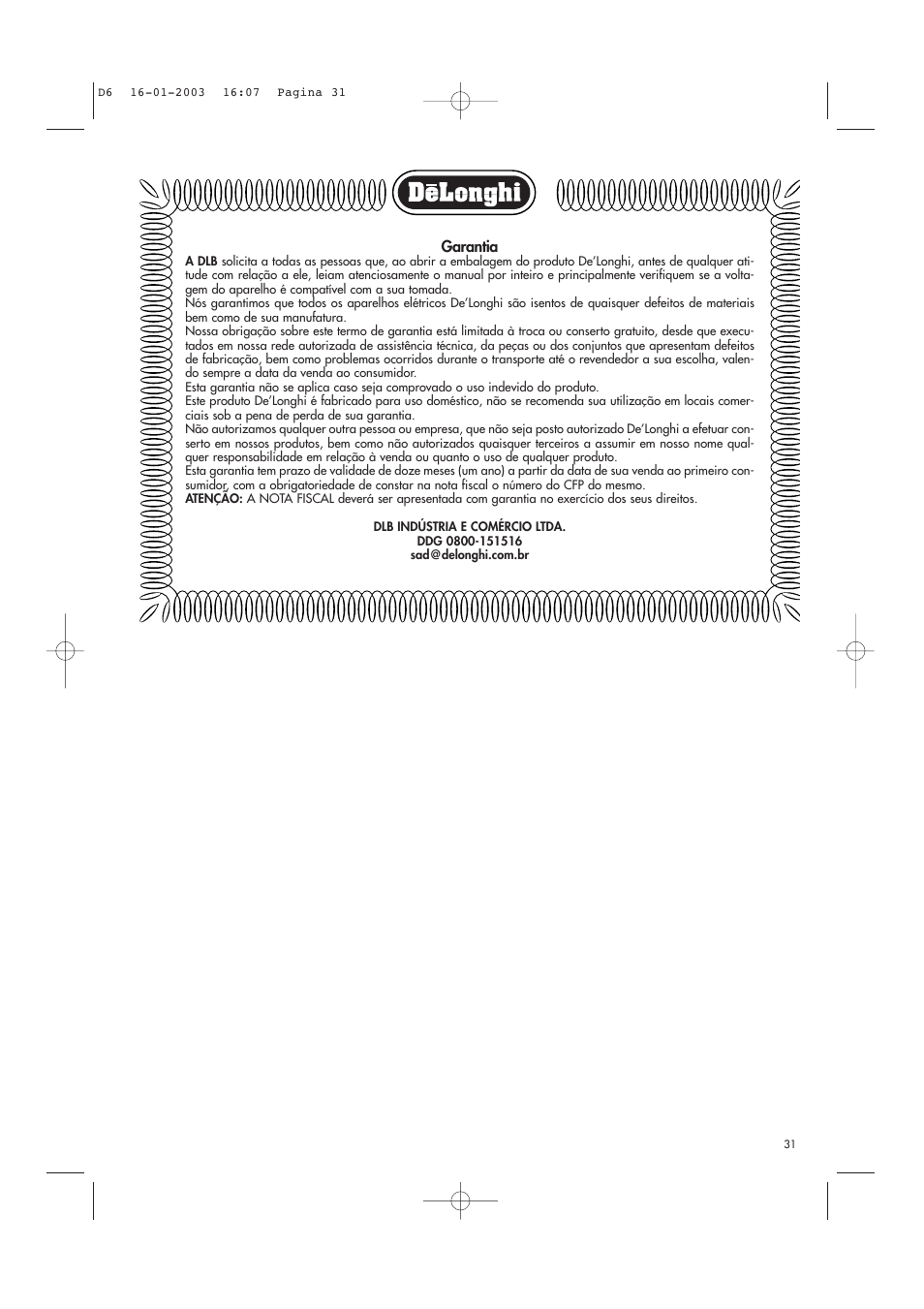Garantia | DeLonghi Electric Deep Fryer User Manual | Page 31 / 31