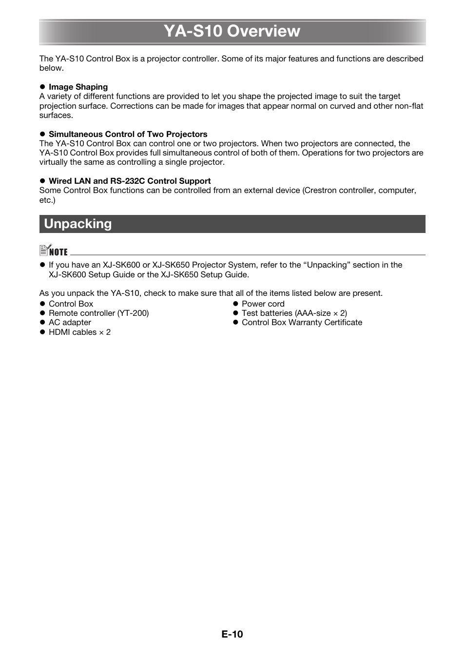 Ya-s10 overview, Unpacking | Casio YA-S10 Setup Guide User Manual | Page 11 / 36