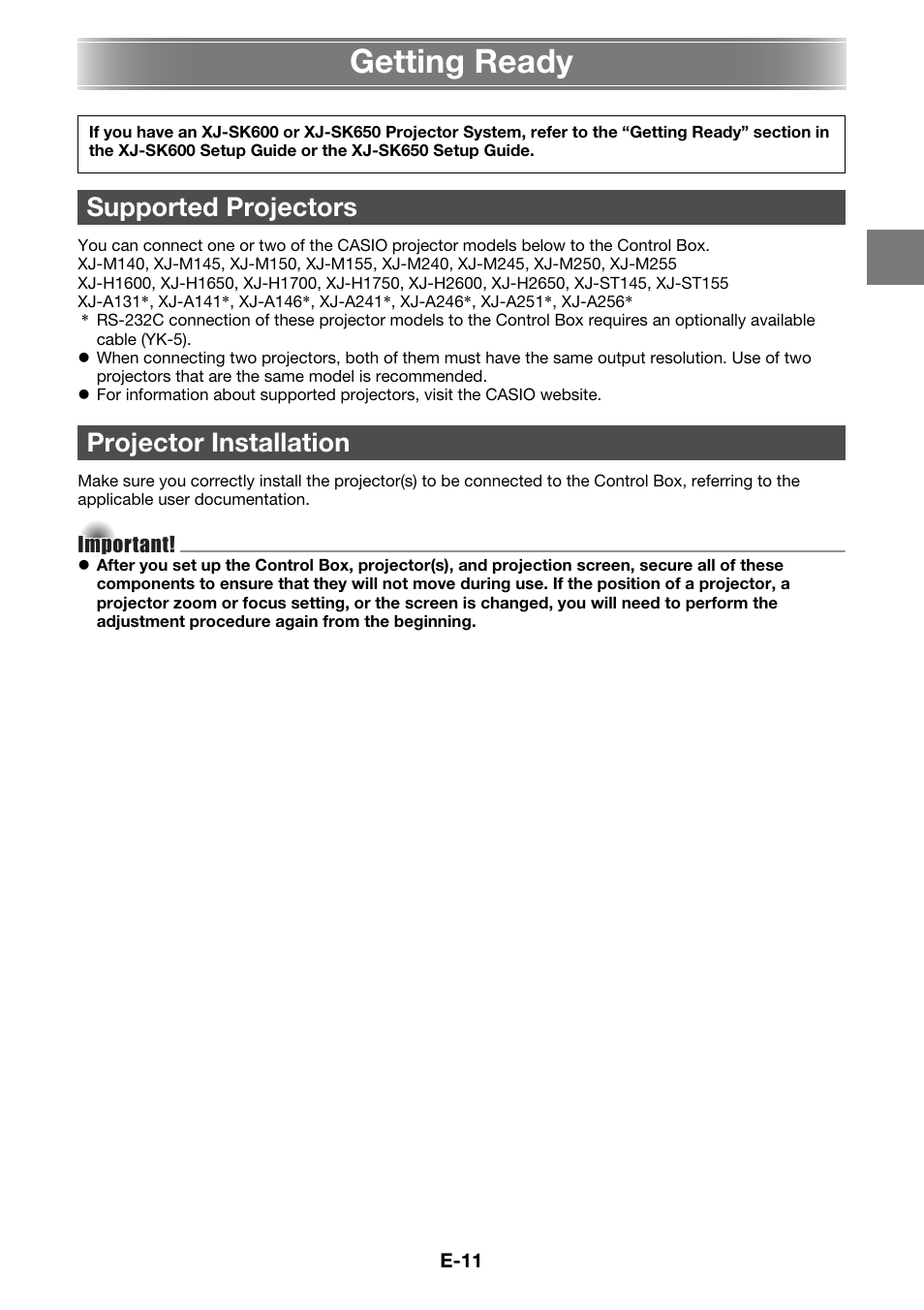 Getting ready, Supported projectors projector installation | Casio YA-S10 Setup Guide User Manual | Page 12 / 36