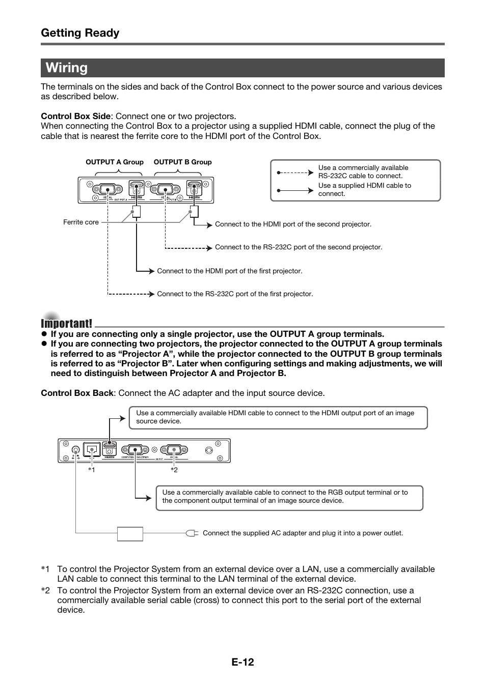 Wiring, Getting ready, Important | E-12 | Casio YA-S10 Setup Guide User Manual | Page 13 / 36