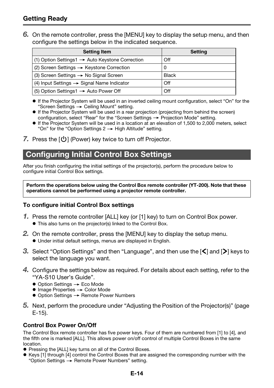 Configuring initial control box settings | Casio YA-S10 Setup Guide User Manual | Page 15 / 36