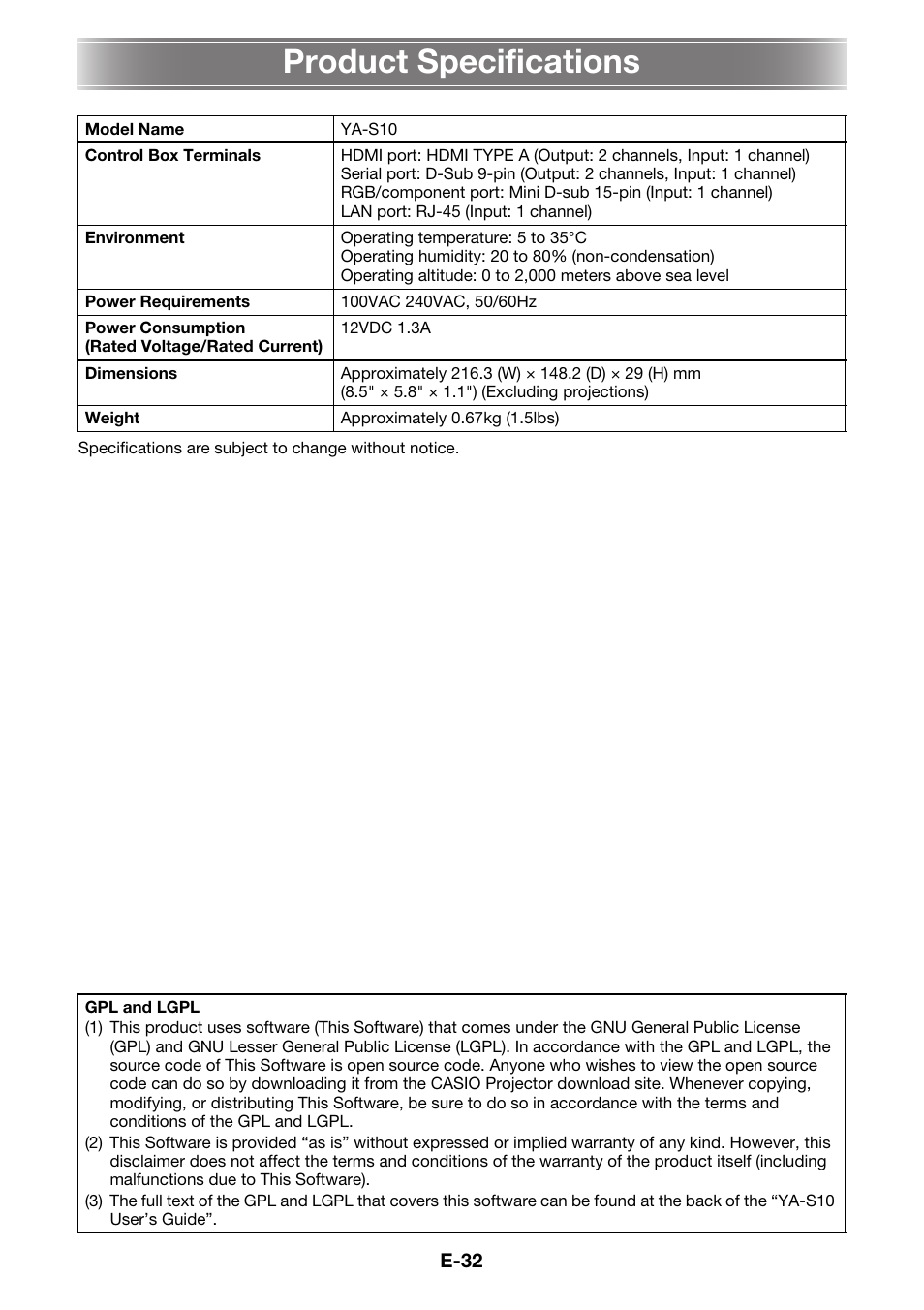 Product specifications | Casio YA-S10 Setup Guide User Manual | Page 33 / 36