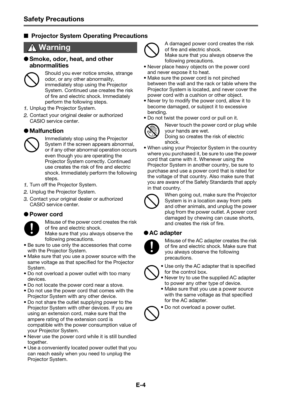 Warning | Casio YA-S10 Setup Guide User Manual | Page 5 / 36