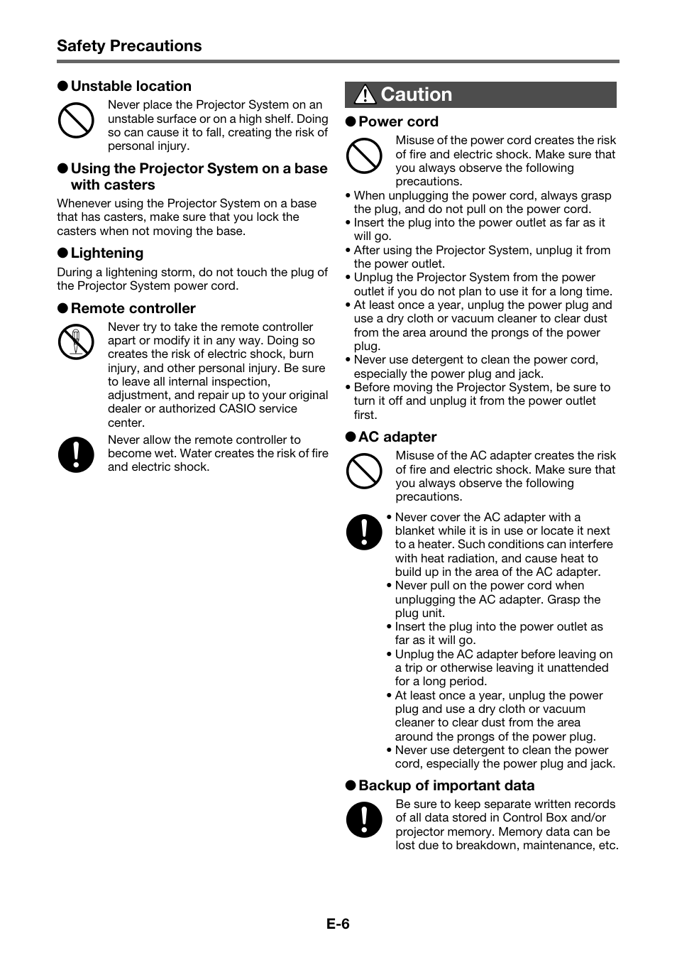 Caution | Casio YA-S10 Setup Guide User Manual | Page 7 / 36