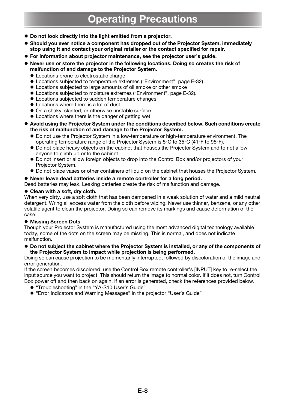 Operating precautions | Casio YA-S10 Setup Guide User Manual | Page 9 / 36