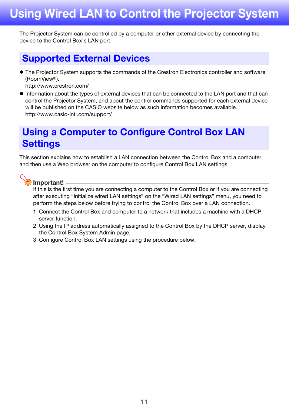 Using wired lan to control the projector system, Supported external devices, Using wired lan to control the | Projector system, Lan settings | Casio YA-S10 User Guide User Manual | Page 11 / 34