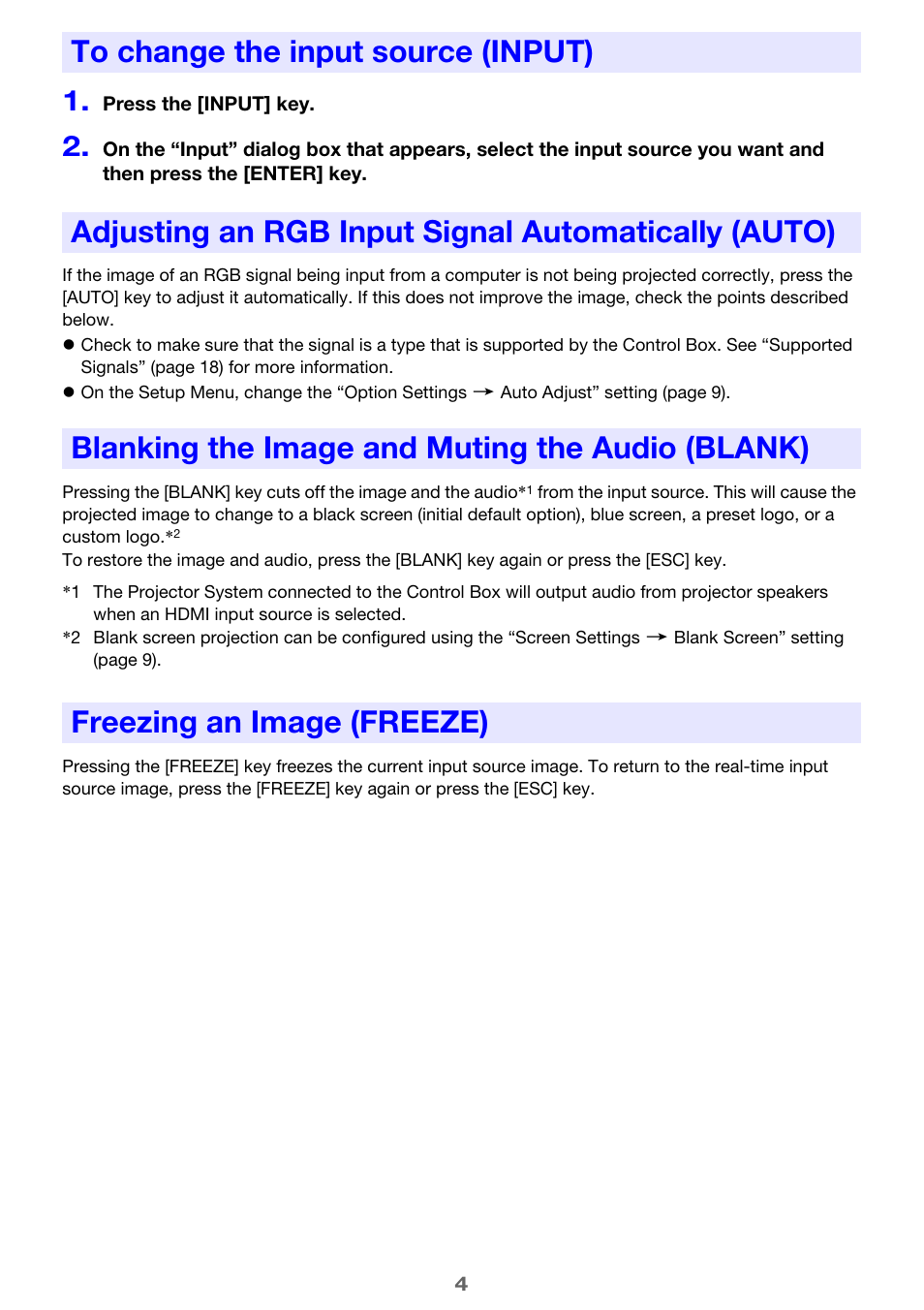 To change the input source (input), Adjusting an rgb input signal automatically (auto), Blanking the image and muting the audio (blank) | Freezing an image (freeze), Auto), Blanking the image and muting the audio, Blank) | Casio YA-S10 User Guide User Manual | Page 4 / 34