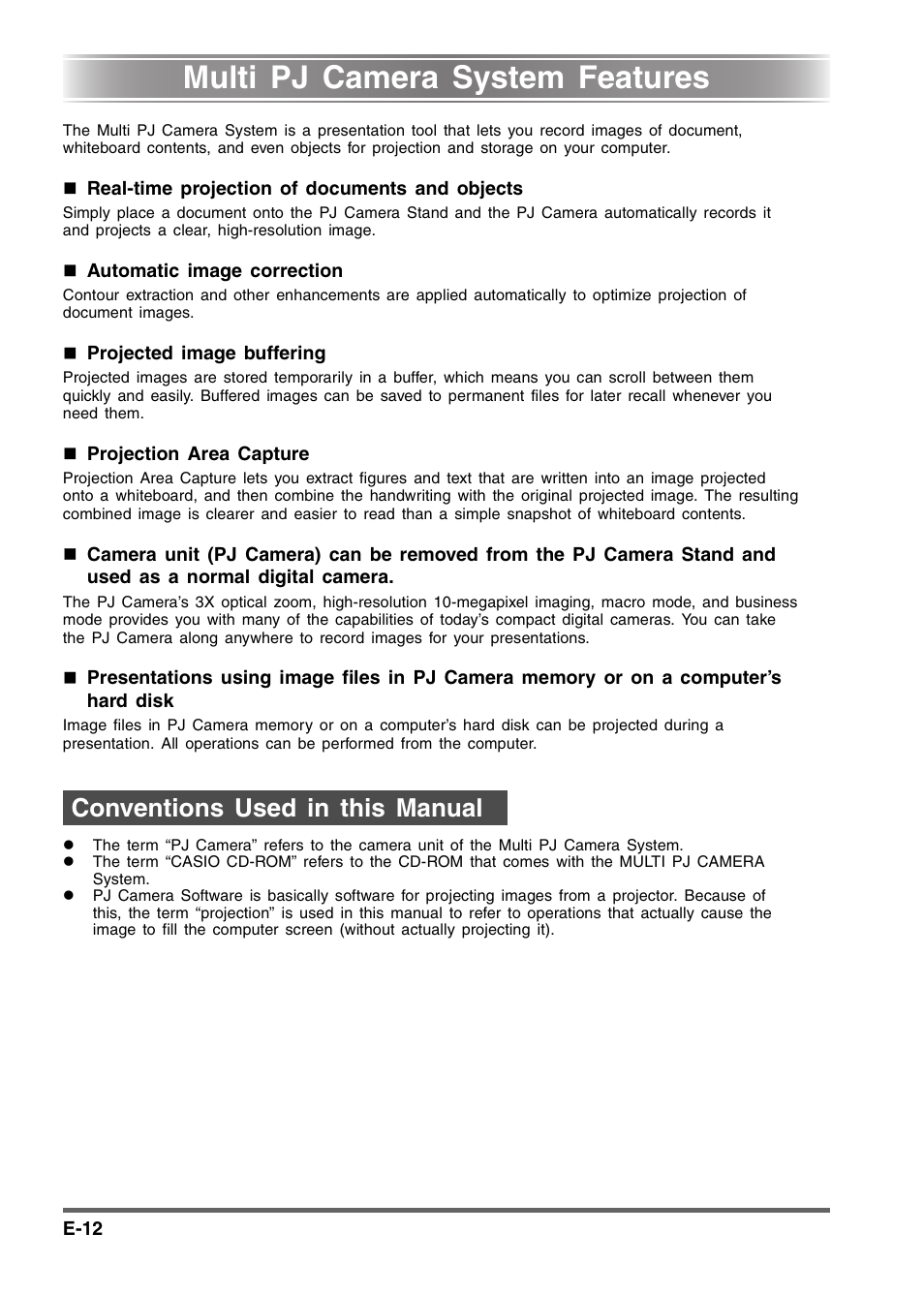 Multi pj camera system features, Conventions used in this manual | Casio YC-430 User Manual | Page 12 / 50