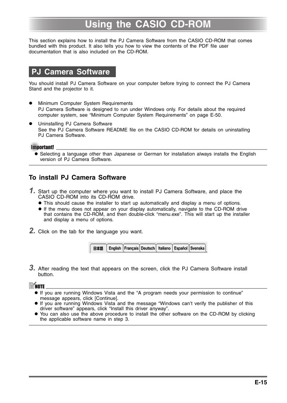 Using the casio cd-rom, Pj camera software | Casio YC-430 User Manual | Page 15 / 50