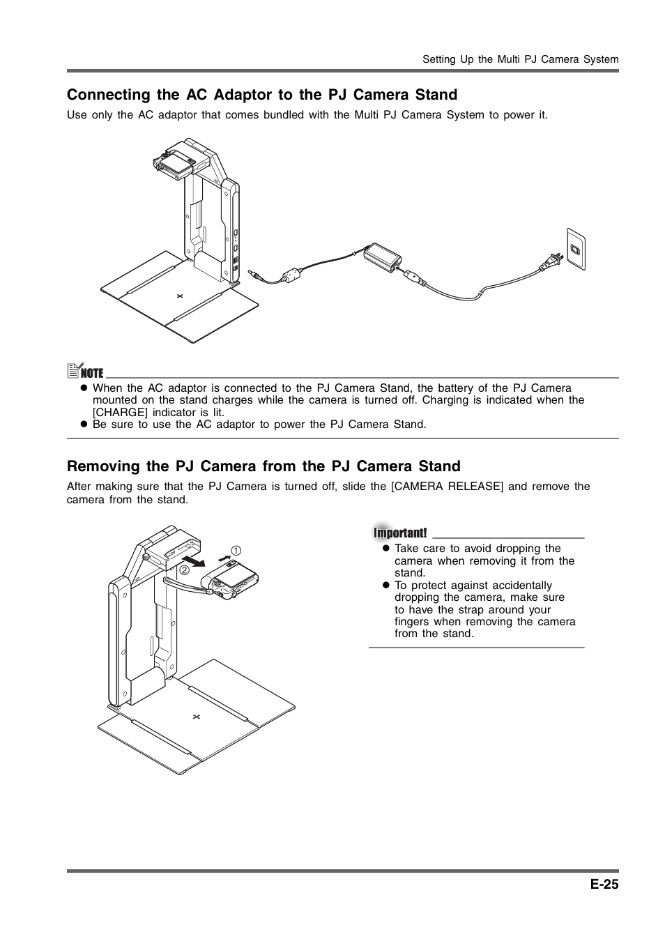 Connecting the ac adaptor to the pj camera stand, Removing the pj camera from the pj camera stand | Casio YC-430 User Manual | Page 25 / 50