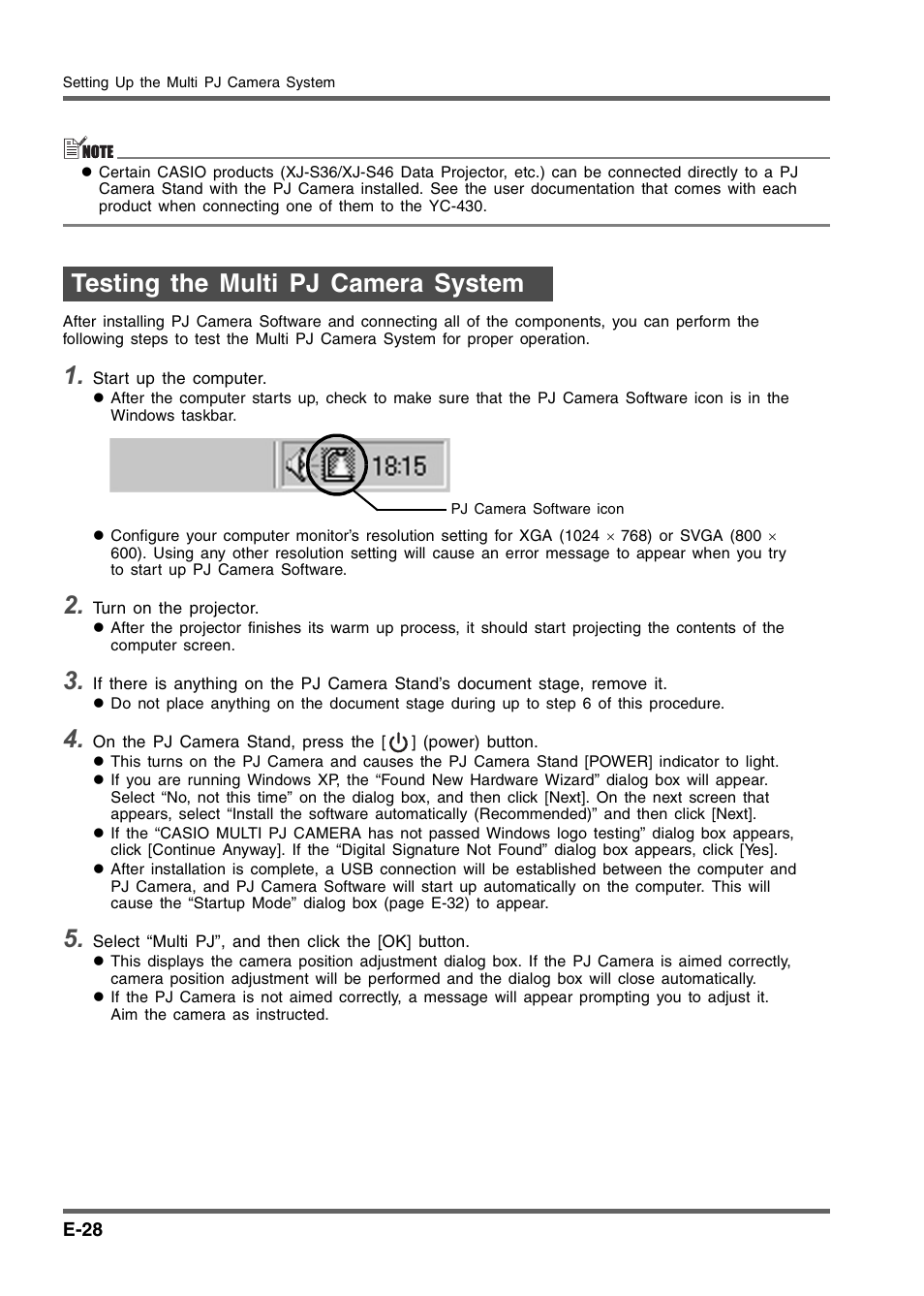 Testing the multi pj camera system | Casio YC-430 User Manual | Page 28 / 50
