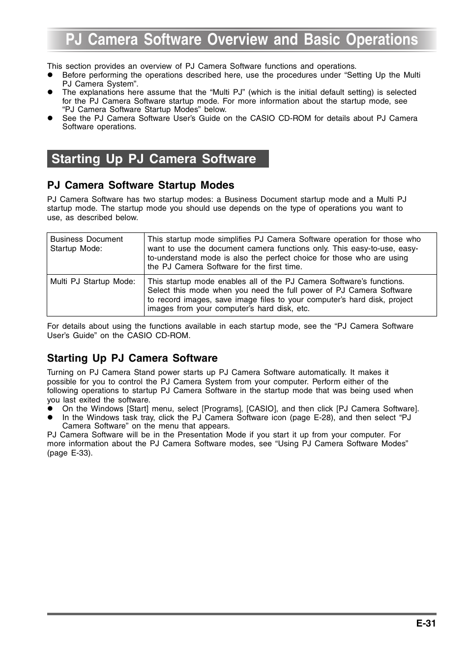 Pj camera software overview and basic operations, Pj camera software startup modes, Starting up pj camera software | Casio YC-430 User Manual | Page 31 / 50