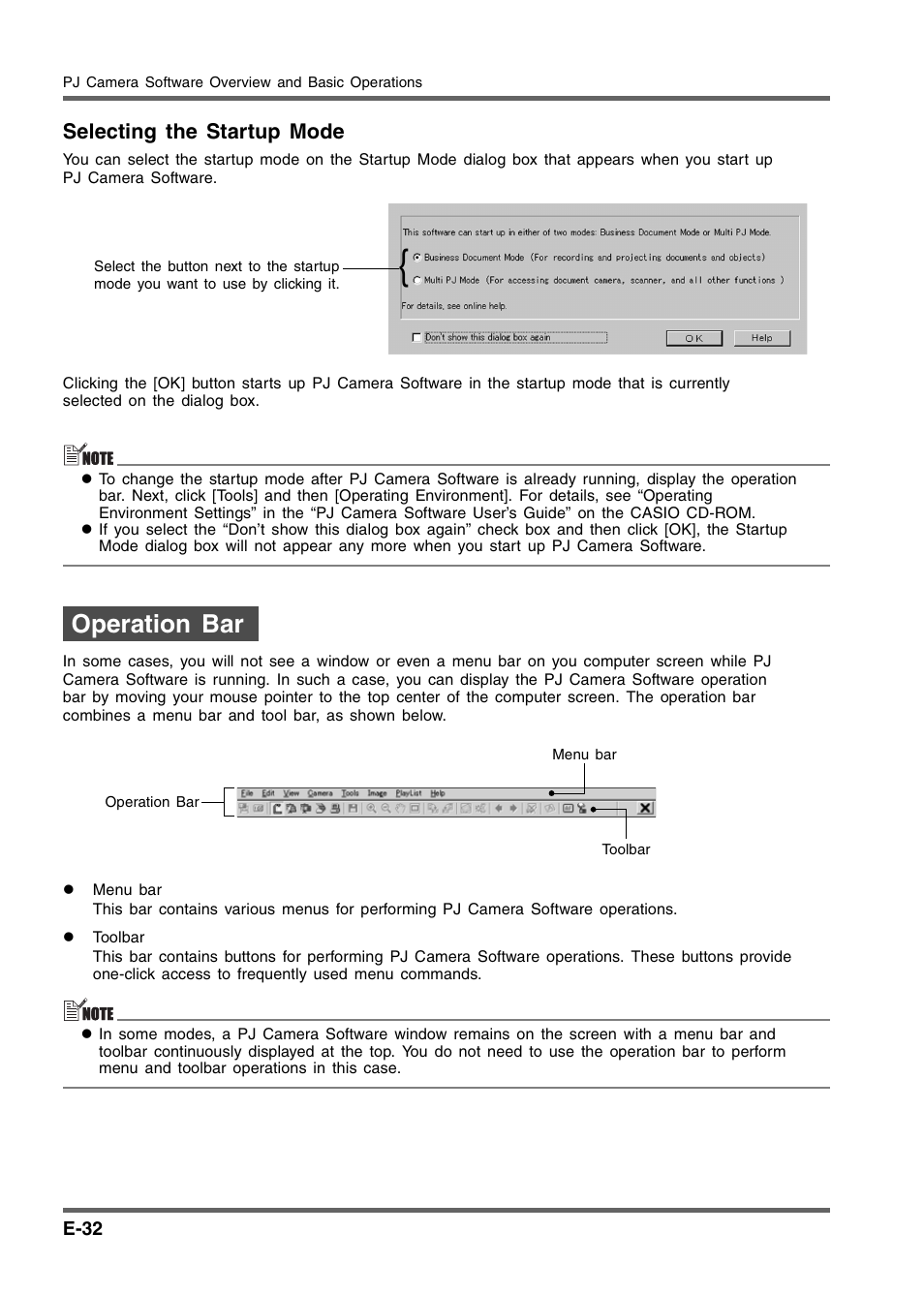 Operation bar, Selecting the startup mode | Casio YC-430 User Manual | Page 32 / 50