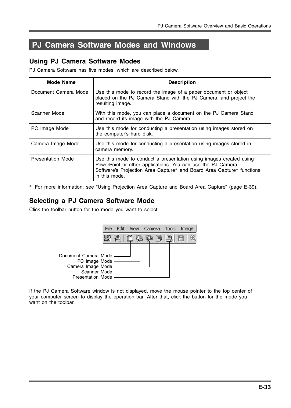 Pj camera software modes and windows, Using pj camera software modes, Selecting a pj camera software mode | Casio YC-430 User Manual | Page 33 / 50