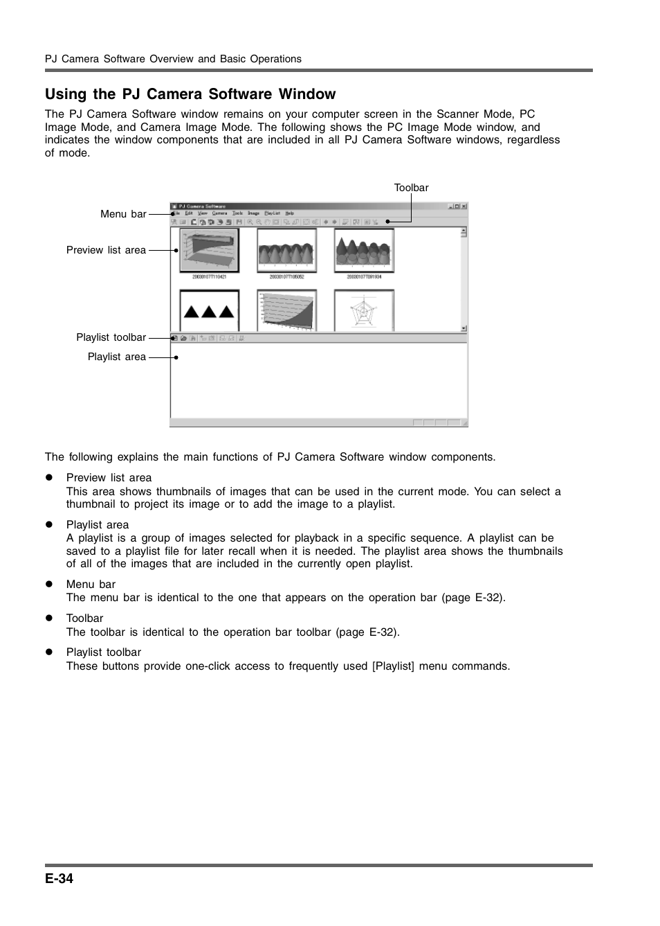 Using the pj camera software window, E-34 | Casio YC-430 User Manual | Page 34 / 50