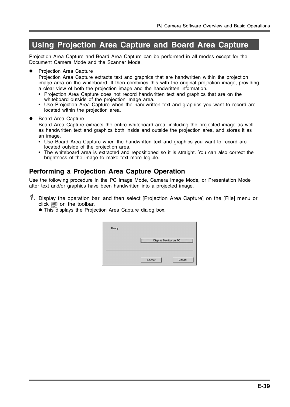 Performing a projection area capture operation | Casio YC-430 User Manual | Page 39 / 50