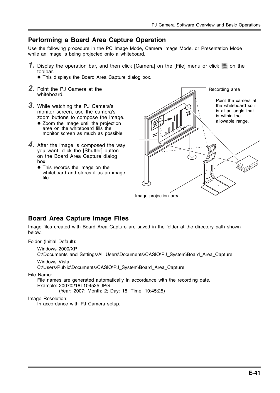 Performing a board area capture operation, Board area capture image files | Casio YC-430 User Manual | Page 41 / 50