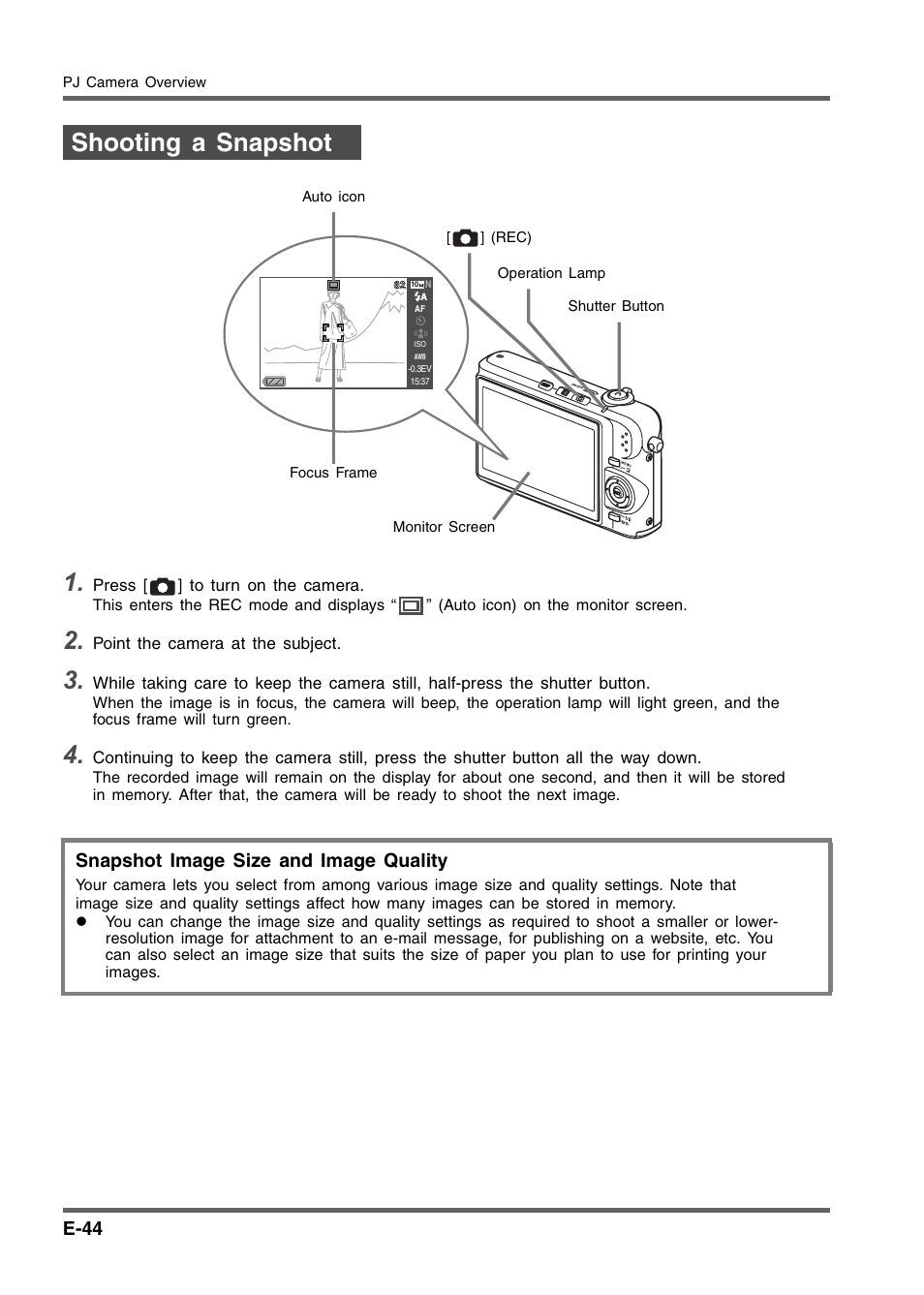 Shooting a snapshot, E-44, Snapshot image size and image quality | Casio YC-430 User Manual | Page 44 / 50