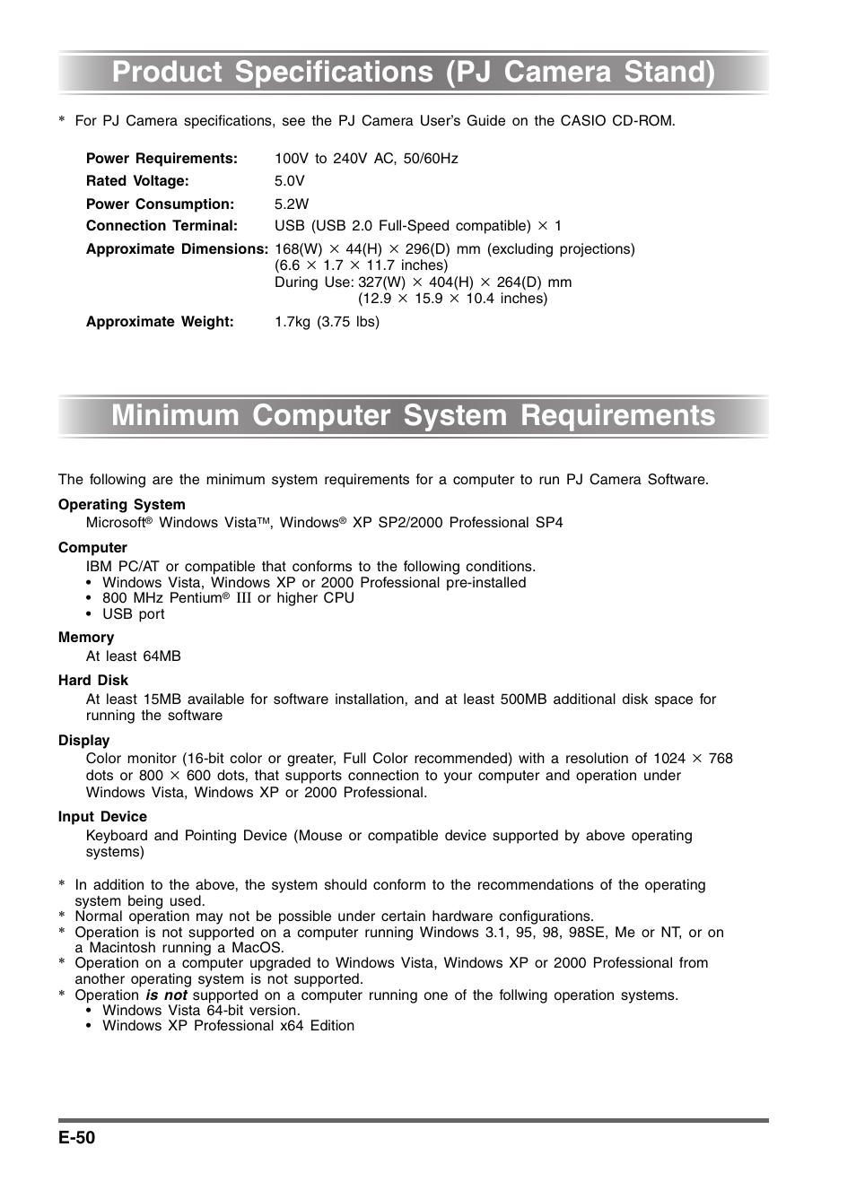 Product specifications (pj camera stand), Minimum computer system requirements | Casio YC-430 User Manual | Page 50 / 50