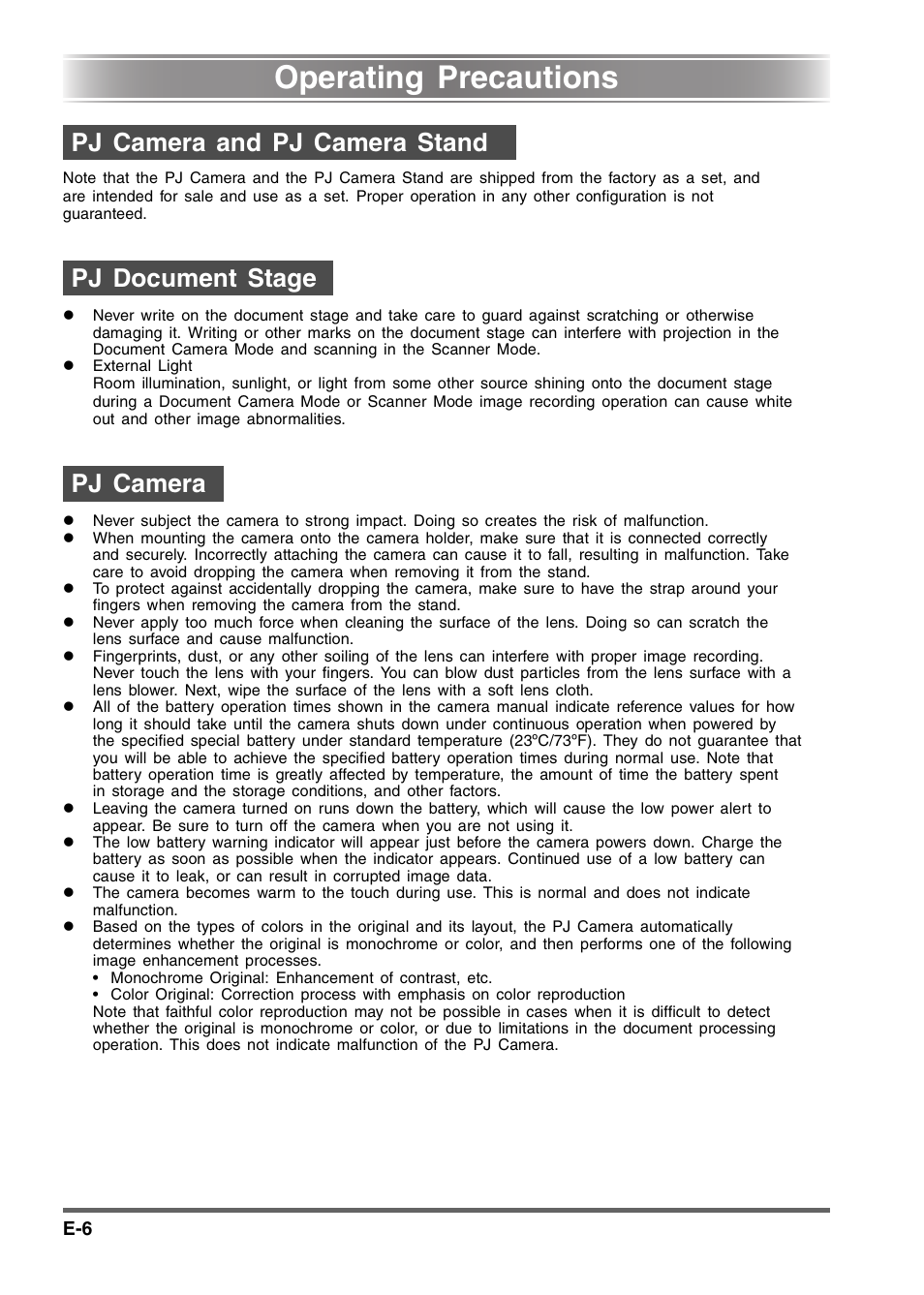 Operating precautions | Casio YC-430 User Manual | Page 6 / 50