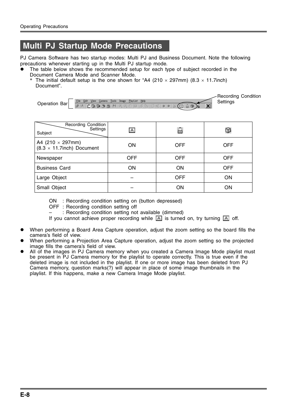 Multi pj startup mode precautions | Casio YC-430 User Manual | Page 8 / 50