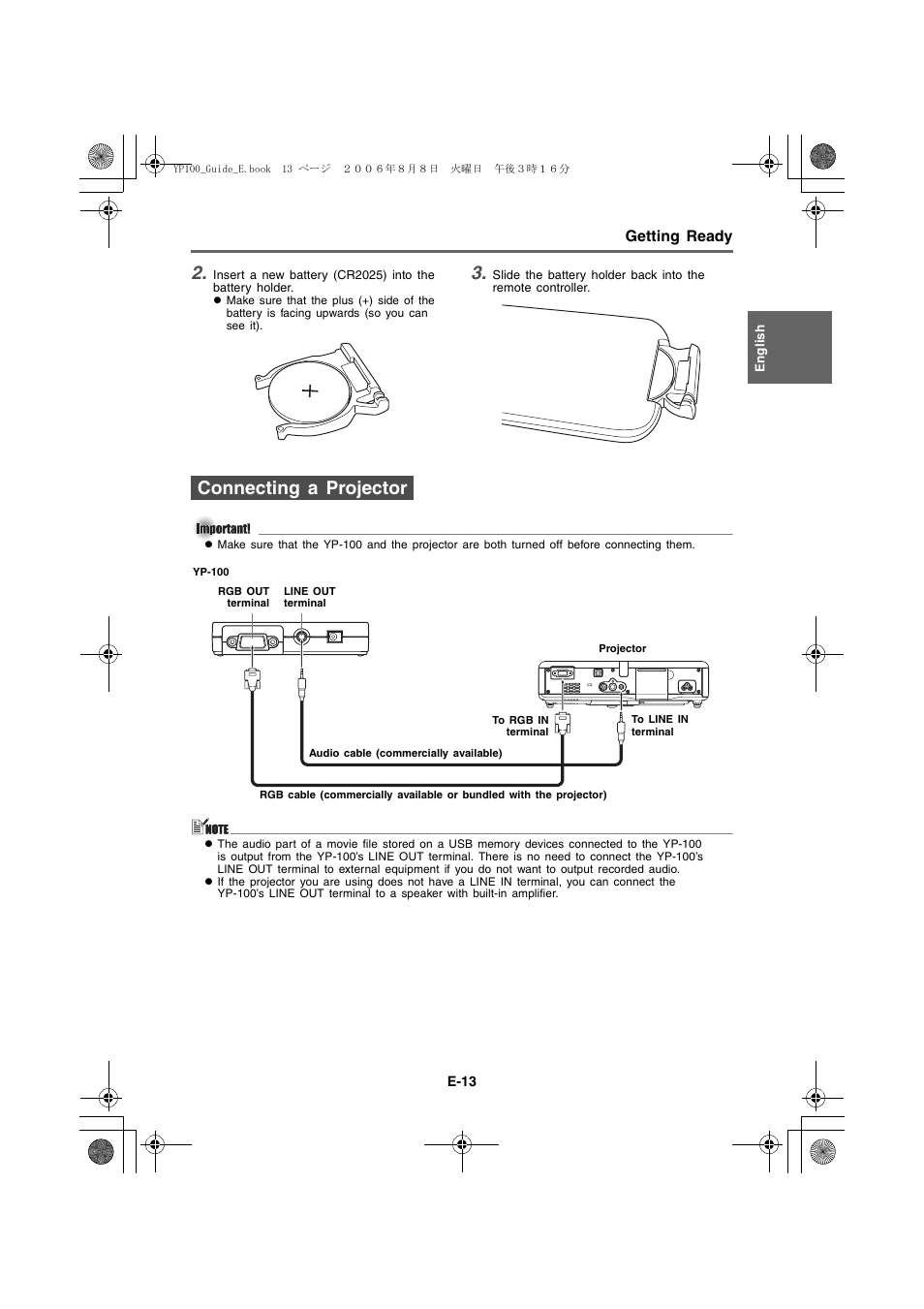 Connecting a projector, Getting ready | Casio YP-100 Getting Started User Manual | Page 13 / 22