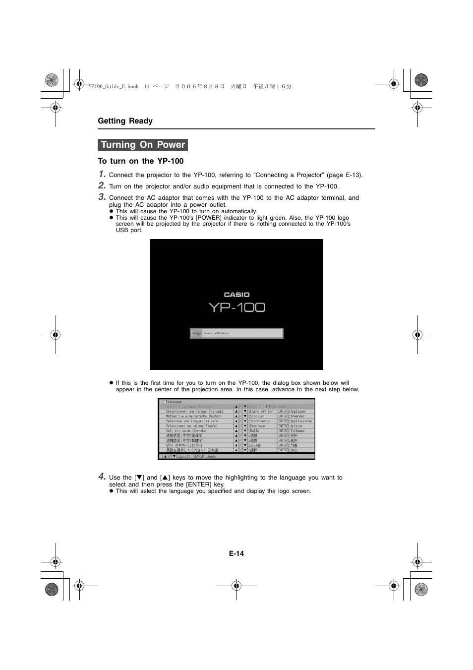 Turning on power | Casio YP-100 Getting Started User Manual | Page 14 / 22