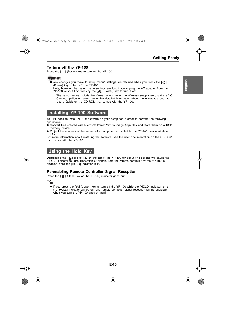 Installing yp-100 software using the hold key, Getting ready, Re-enabling remote controller signal reception | Casio YP-100 Getting Started User Manual | Page 15 / 22