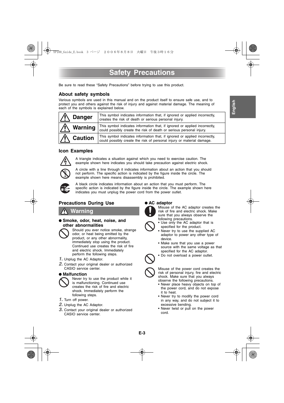 Safety precautions, Danger, Warning | Caution, About safety symbols, Icon examples precautions during use | Casio YP-100 Getting Started User Manual | Page 3 / 22