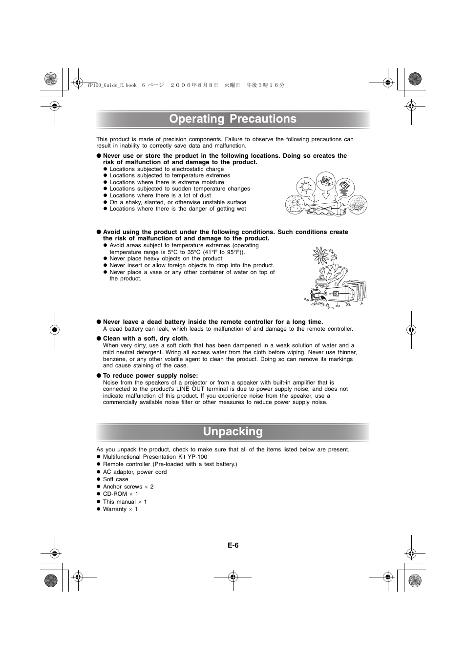 Operating precautions, Unpacking | Casio YP-100 Getting Started User Manual | Page 6 / 22