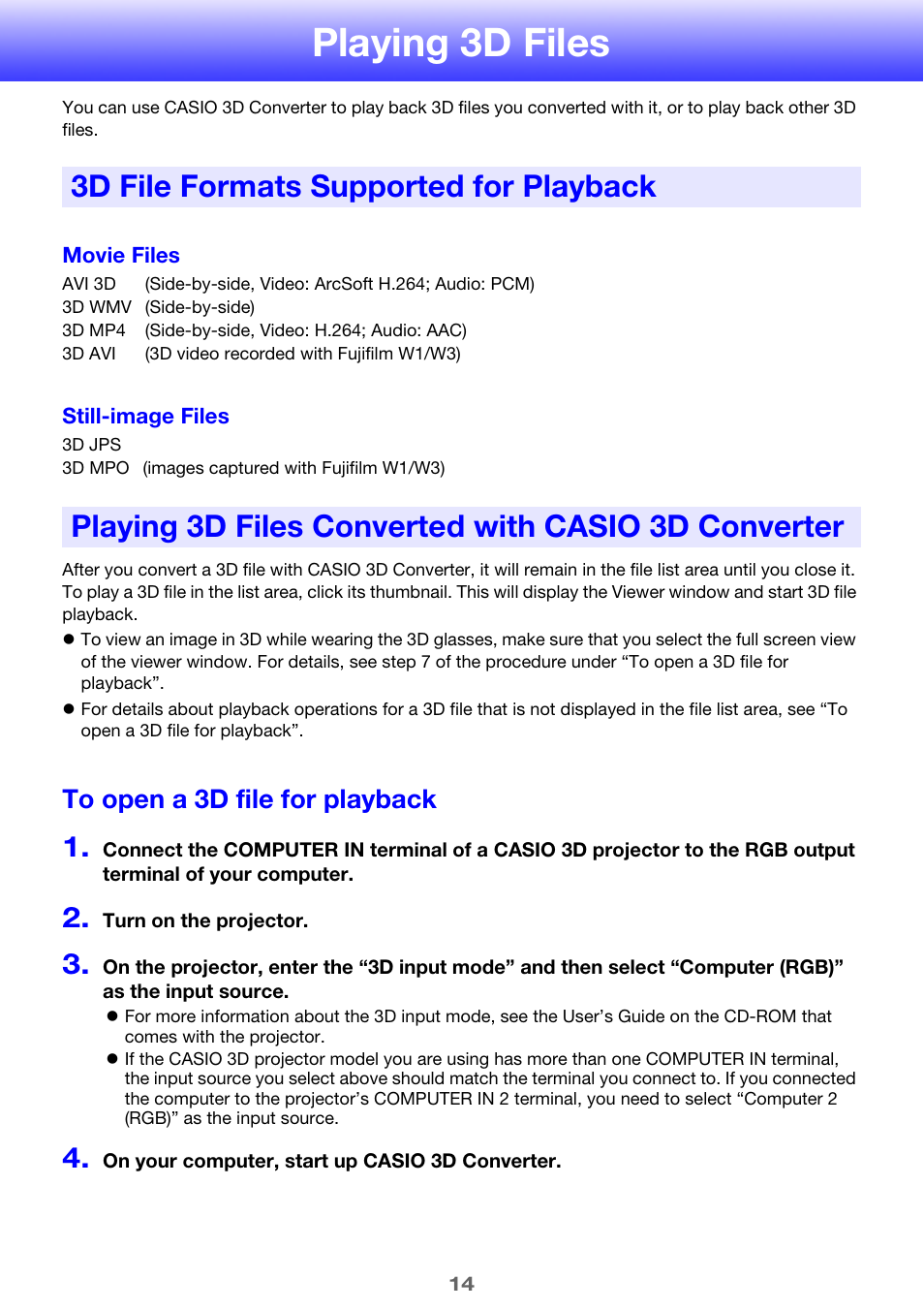Playing 3d files, 3d file formats supported for playback, Playing 3d files converted with casio 3d converter | To open a 3d file for playback | Casio YA-D30 User Guide User Manual | Page 14 / 17