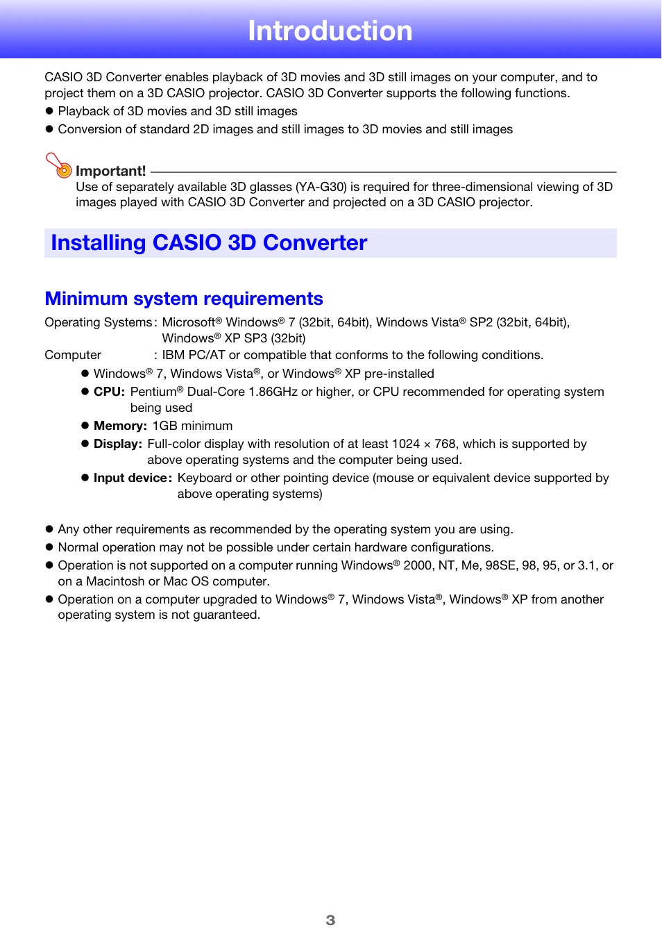 Introduction, Installing casio 3d converter, Minimum system requirements | Casio YA-D30 User Guide User Manual | Page 3 / 17