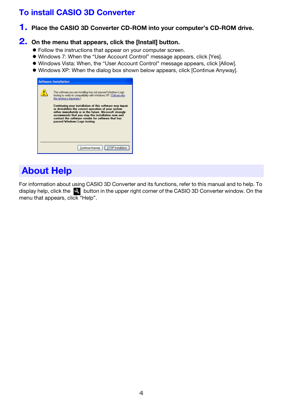 To install casio 3d converter, About help | Casio YA-D30 User Guide User Manual | Page 4 / 17