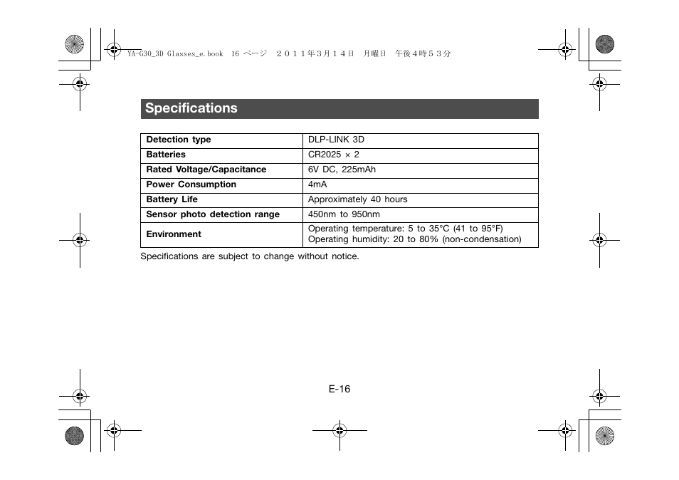 Specifications | Casio YA-G30 User Manual | Page 18 / 22